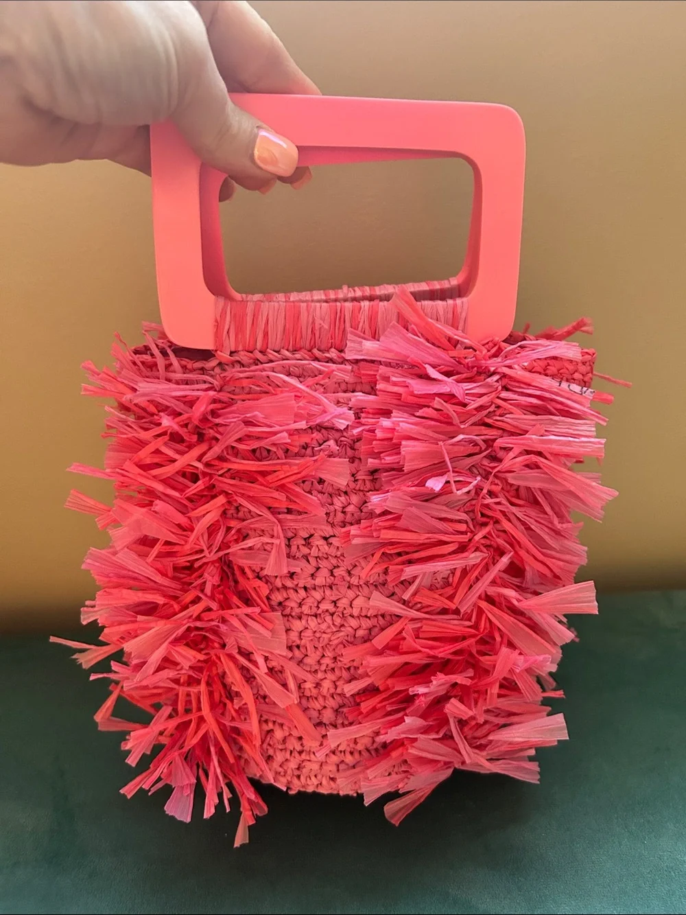 JCrew Woven Bright Pink Raffia Fringe Handbag with Acrylic Handles 🎀